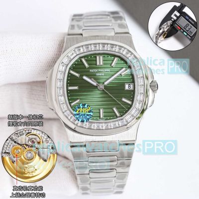 OMF Swiss Patek Philippe Nautilus 40mm Green Dial Diamond Bezel Stainless Steel Copy Watch 